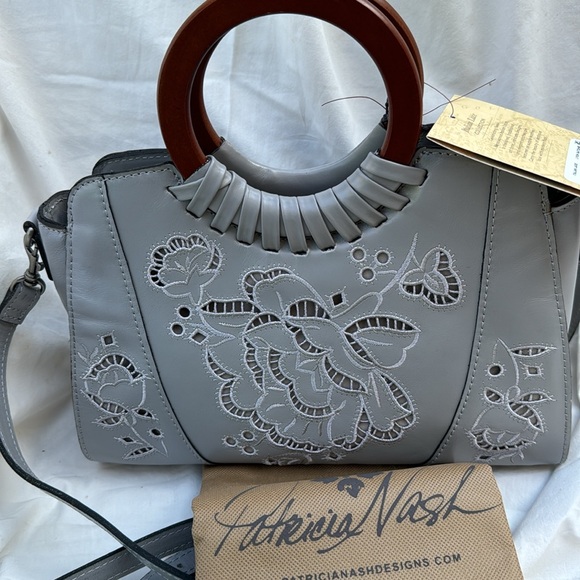 Patricia Nash Fall Lace Leather Lyon Satchel Crossbody Formal Grey - Picture 8 of 8